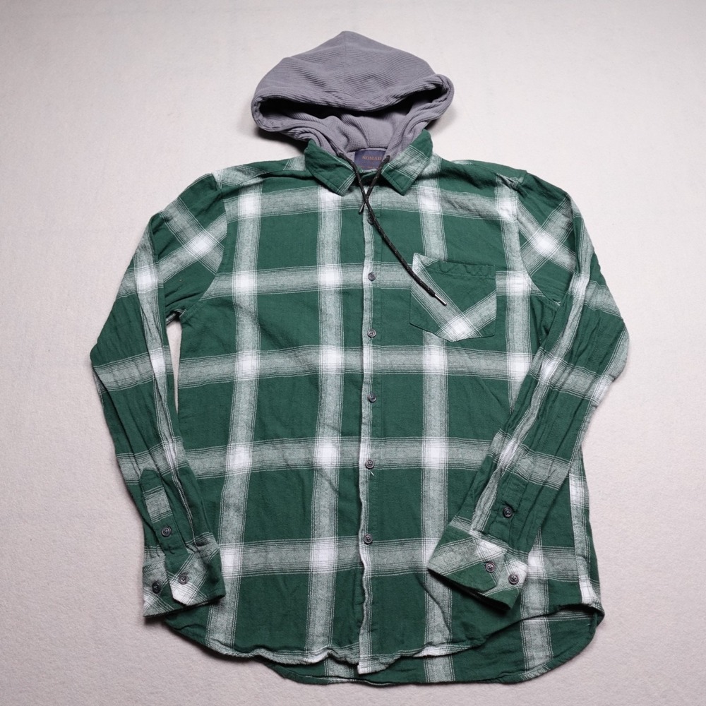 Nomad Flannel Shacket Womens L green plaid hoodie grey waffle knit button Jacket